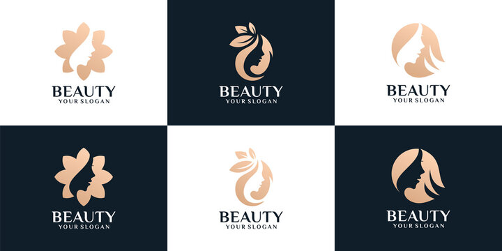 Set of beauty feminine woman hairstyle silhouette logo design