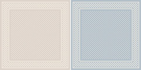 Scarf design for spring summer in blue and beige. Modern geometric print with polka dot pattern. Simple accessory vector for square scarf, bandana, shawl, hijab, other textile.