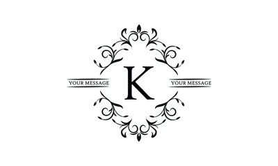 Graceful floral monogram for postcards, invitations, menus, labels. Graphic design of a page, business sign, boutique, cafe, hotel. Elegant logo with the letter K.