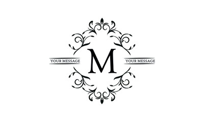 Graceful floral monogram for postcards, invitations, menus, labels. Graphic design of a page, business sign, boutique, cafe, hotel. Elegant logo with the letter M.