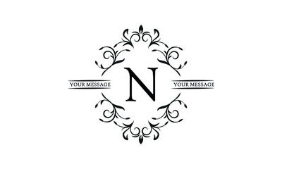 Graceful floral monogram for postcards, invitations, menus, labels. Graphic design of a page, business sign, boutique, cafe, hotel. Elegant logo with the letter N.