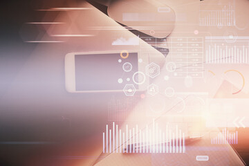 Double exposure of technology theme drawing over work table desktop. Top view. Global data analysis concept.