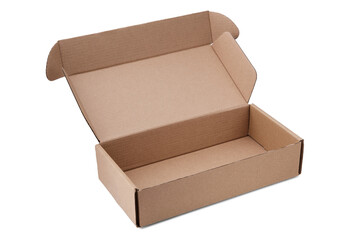 Small rectangular cardboard box for packing parcels or gifts in the open form with the lid raised,...
