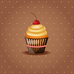 Vintage retro cupcake with cream and cherries