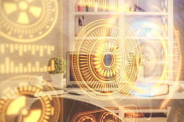 Double exposure of tech theme drawings and office interior background. Technology concept.