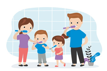 Happy family brushes teeth together. Parents with children in bathroom brush teeth. Boy and girl holds toothbrushes