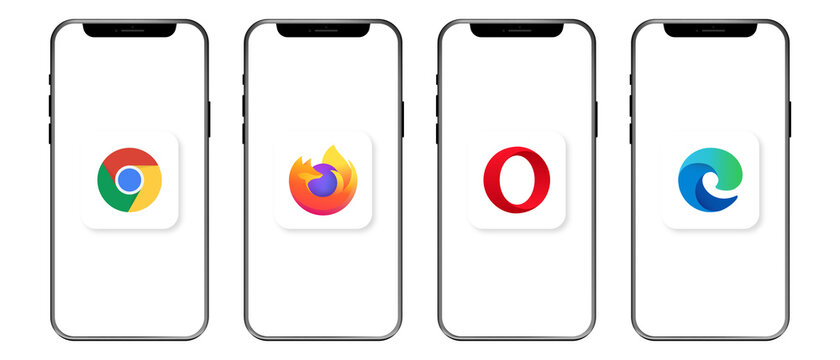 Mozilla Firefox, Microsoft Edge, Google Chrome and Opera are popular internet browsers on white screen phone mockups. Vector icons of popular browsers with realistic shadow. Vector EPS 10