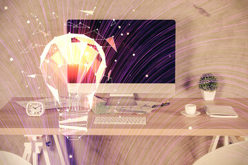 Double exposure of bulb and office interior background. Concept of idea.