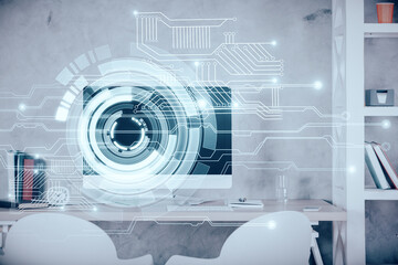 Multi exposure of data theme drawing and office interior background. Concept of technology.
