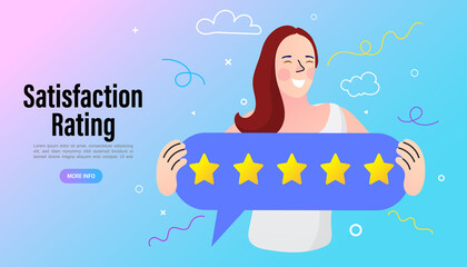 Woman hold stars or give five star feedback. Client choose satisfaction rating and leave positive product or service review. Customers evaluating a product, service. Vector Illustration.