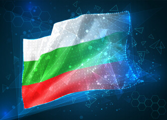 Bulgaria ,  vector flag, virtual abstract 3D object from triangular polygons on a blue background