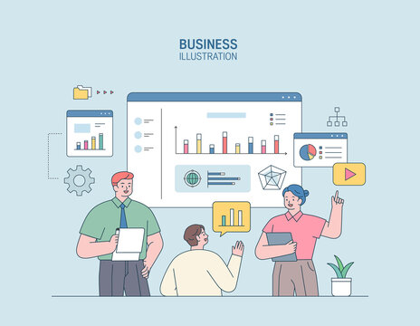 Business Marketing illustration. men and women engaged in business
