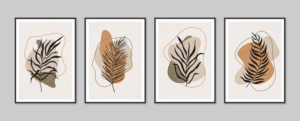 Botanical wall art vector set. Minimal and natural wall art. Boho foliage line art drawing with abstract shape. Abstract Plant Art design for print, wallpaper, cover. Modern vector illustration.