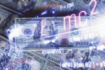 Double exposure of formula drawing over usa dollars bill background. Concept of education.