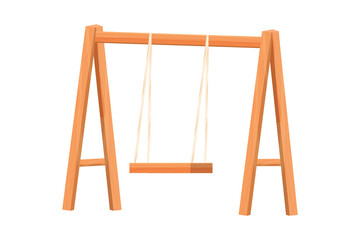 Wooden swing backyard furniture, hanging bench in cartoon style isolated on white background. Rural comfortable seat. Garden, park decoration.