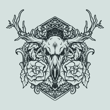 tattoo and t shirt design black and white hand drawn deer skull and rose engraving ornament