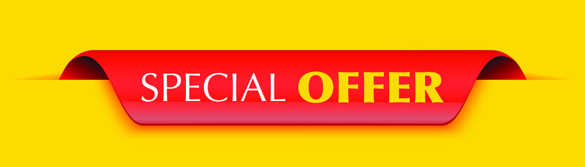 Special offer red banner on yellow background. Sticker. Vector illustration.