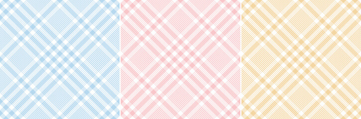 Plaid pattern set. Glen tartan in pastel blue, pink, yellow, white. Seamless tweed checks for tablecloth, picnic blanket, oilcloth, skirt, dress, duvet cover, other spring summer fashion fabric print.