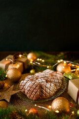 Christmas gingerbread cone cookies with Christmas decorations. New Year and Christmas celebration concept. Soft focus. Copy space