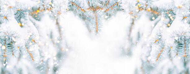 Christmas tree background outdoor with snow, lights bokeh around, and snow falling, Christmas...