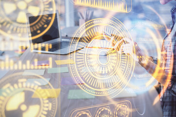 Double exposure of woman hands typing on computer and technology theme drawing. High Tech concept.