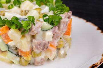 potatoes, carrots, beef, salted cucumber, egg, green peas, homemade mayonnaise