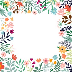 Fototapeta na wymiar Ornamental floral border, decorative frame with different flowers and plants, template for summer sale, wedding invitations and other, white background