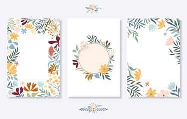Floral wedding template set with cards and invitation, floral frame, floral wreath, borders, bouquets