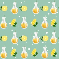 Sweet and fresh seamless pattern with ice cream and lemons on the mint background with white dots. Lovely illustration for wrapping paper, textile, decorations.