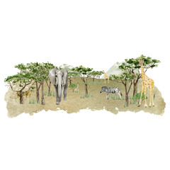 Watercolor Savannah Wild Animal illustration. Landscape africa composition with trees, elephant, giraffe, zebra, leopard and green mountain. Wall art print. Nursery baby decor. - 446268768