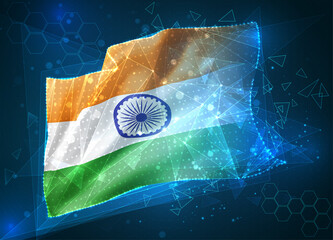 India, vector flag, virtual abstract 3D object from triangular polygons on a blue background
