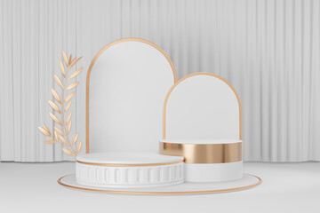 Cosmetic display product stand, Gold white roman style round cylinder podium with white back and gold olive leaf on white curtain background. 3D rendering illustration - obrazy, fototapety, plakaty