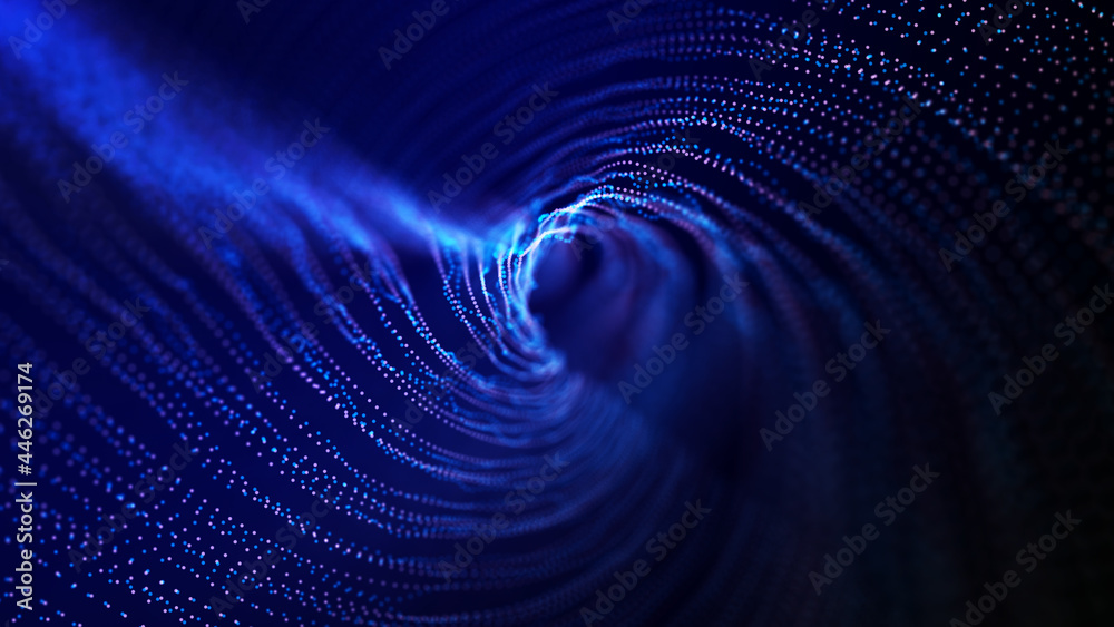 Poster abstract particle vortex. futuristic dynamic wave moving in space. illustration with explosion of da