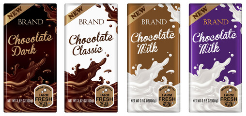 Packaging design chocolate bars. Packing collection for dark, classic and milk chocolate. Highly realistic illustration.