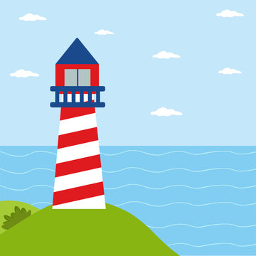 Lighthouse in the middle of the sea. Nature. Ocean. Vector graphics