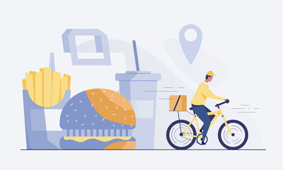 Cyclist delivering food to customers. fast food like a burger. vector illustration