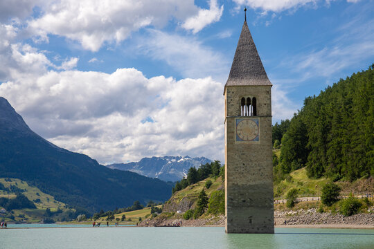 Submerged Bell Tower of Curon at Graun at Vinschgau on Lake Reschen in South Tyrol, Italy