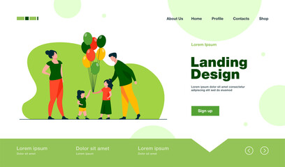 Happy parents and little girls with air balloons. Birthday, daughter, mom flat vector illustration. Celebration and holiday concept for banner, website design or landing web page