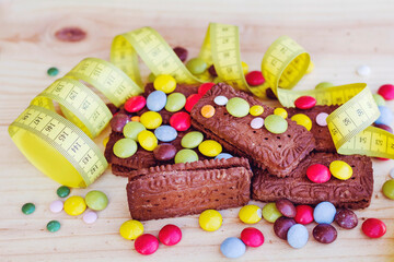 Chocolate Sandwich Biscuits with Measuring Type .Diet and Calorie Counting Concept
