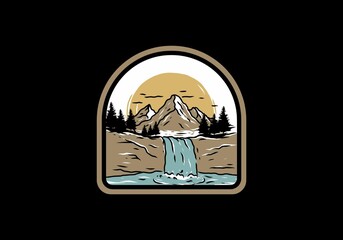 Waterfall vintage badge drawing in frame