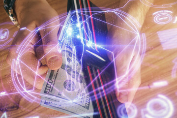 Multi exposure of education theme drawing hologram and USA dollars bills and man hands.