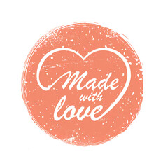 Made with love handwritten stylized heart. Hand drawn white line calligraphy in brown round. Ink vector inscription isolated on white background. Lettering for your handcrafted goods, product, shop