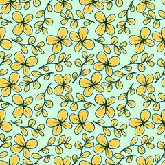 Foto op Plexiglas fresh green yellow nature foliage flower leaves repeat seamless pattern doodle cartoon style wallpaper vector illustration © Ard Work