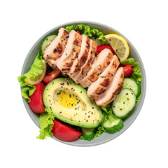 Grilled chicken with fresh vegetable salad with seeds in a bowl isolated on white background. View from above. Healthy food and keto diet concept.