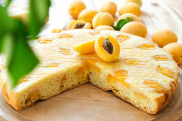 Moist apricot pie on wooden board with apricot fruits on background. Delicious breakfast, traditional English tea time. Homemade bakery by classic recipe. Healthy nutrition, vegan dessert.