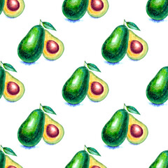 Ripe avocado seamless pattern, watercolor avocado.