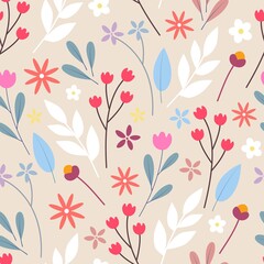 Hand drawn seamless pattern with decorative flowers and leafs on a beige background. Vector Illustration