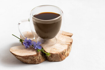 Chicory drink in a glass cup on a white background. Blue chicory flower. Alternative coffee. Space for text.