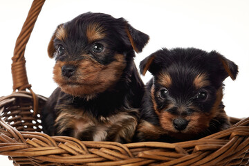 yorkshire terrier puppies in a basket on a white background