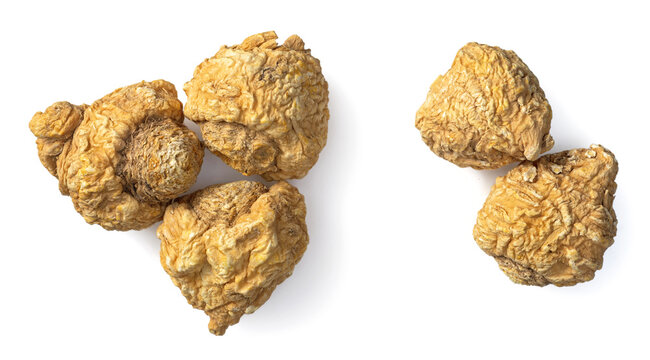 Dried Maca roots isolated on white background, top view